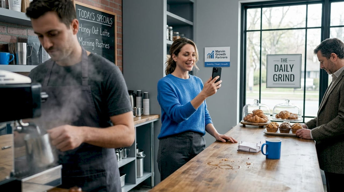Café owner filming video in busy shop