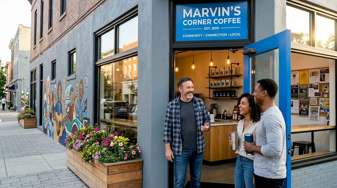 Café owner greeting locals at neighborhood shop