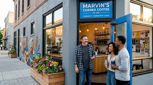 Café owner greeting locals at neighborhood shop