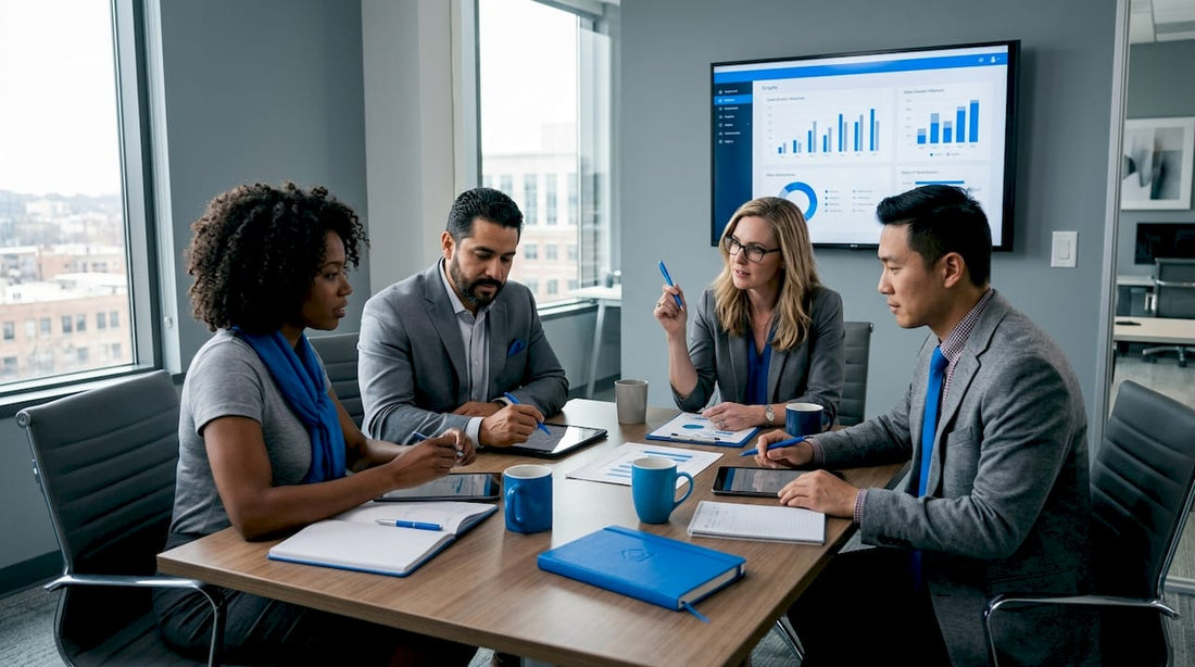 Small business owners planning marketing strategy