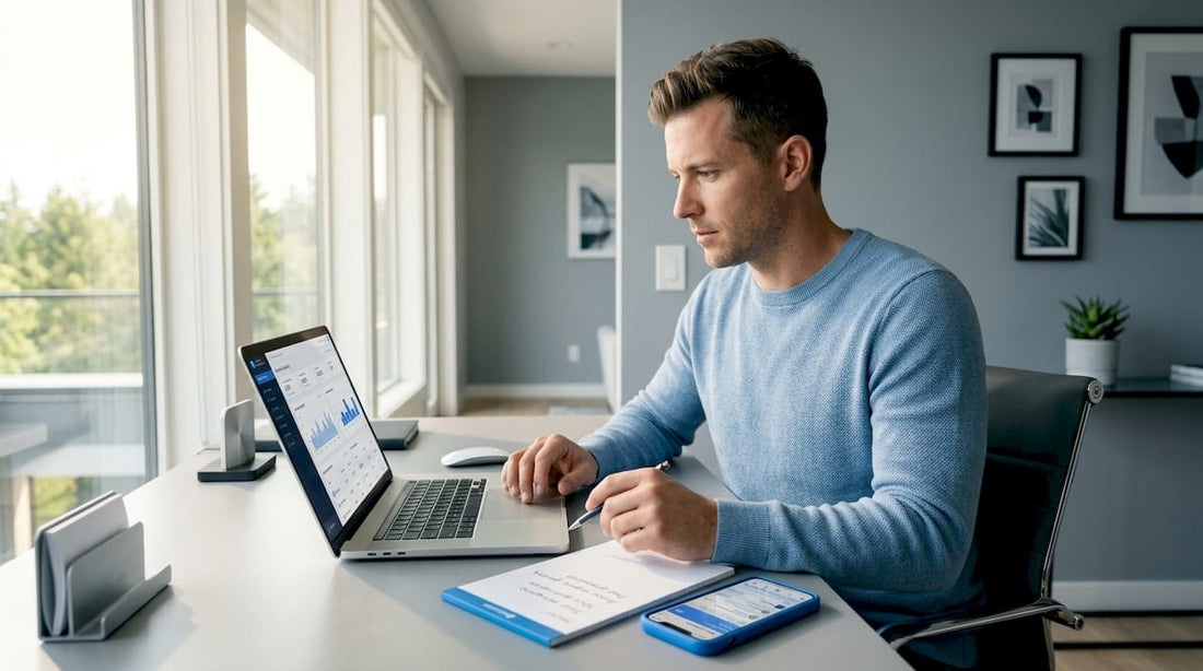 Small business owner managing social media on laptop