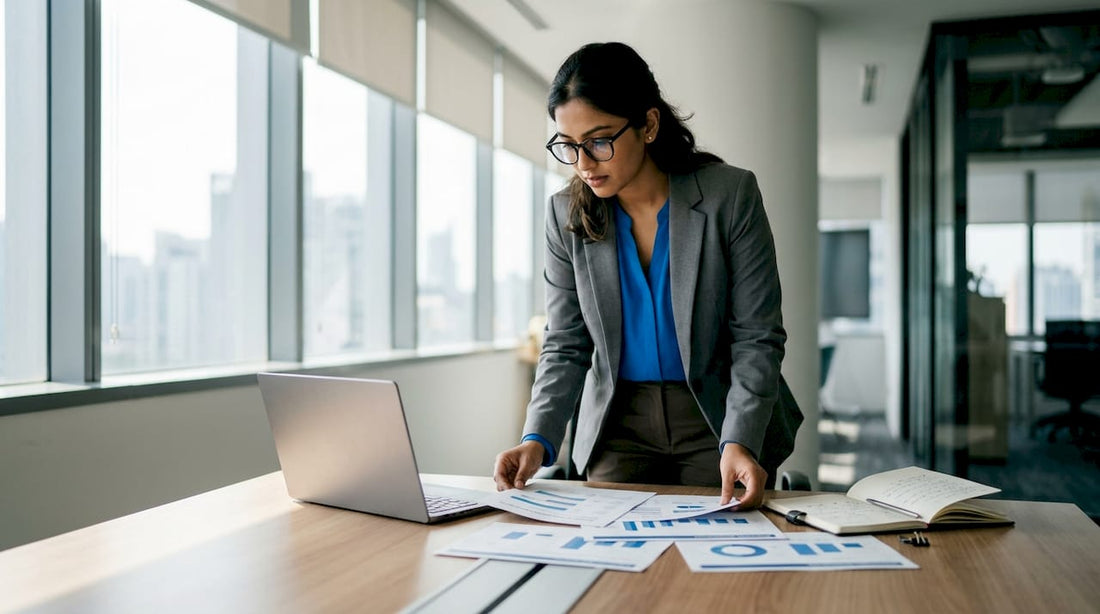 Entrepreneur reviewing marketing metrics at desk