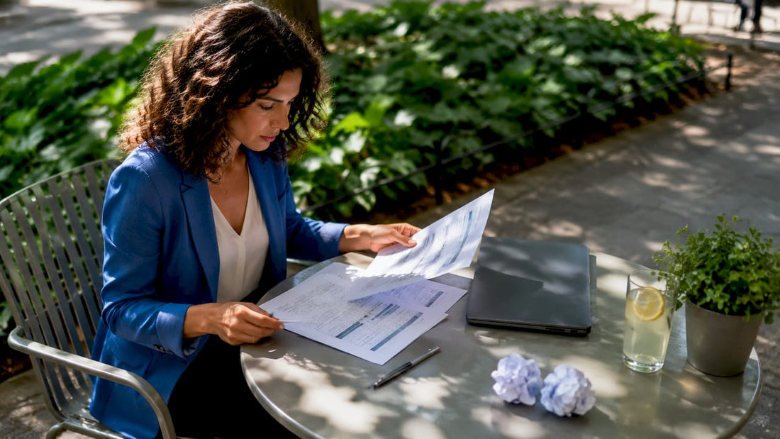 Businesswoman reviewing marketing agency proposals