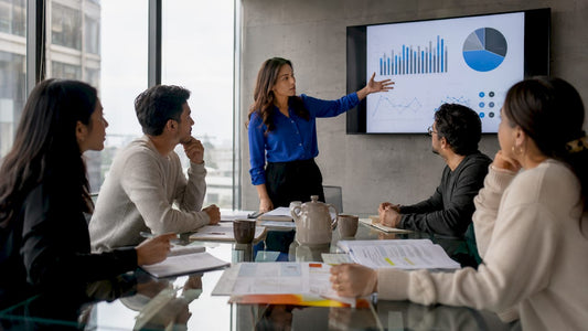 Marketing team collaborating around table
