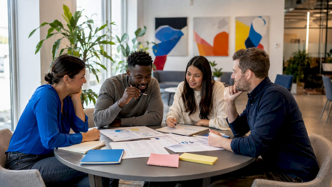 Marketing team collaborating in office meeting