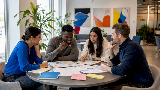 Marketing team collaborating in office meeting