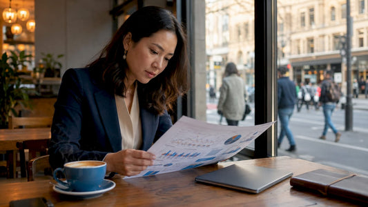 Marketing analyst reviewing data printouts at desk