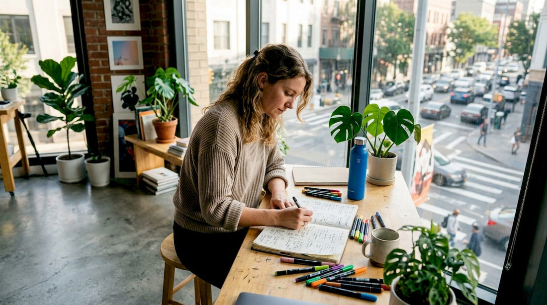 Startup founder writing story ideas at kitchen table