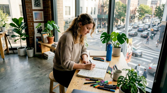 Startup founder writing story ideas at kitchen table