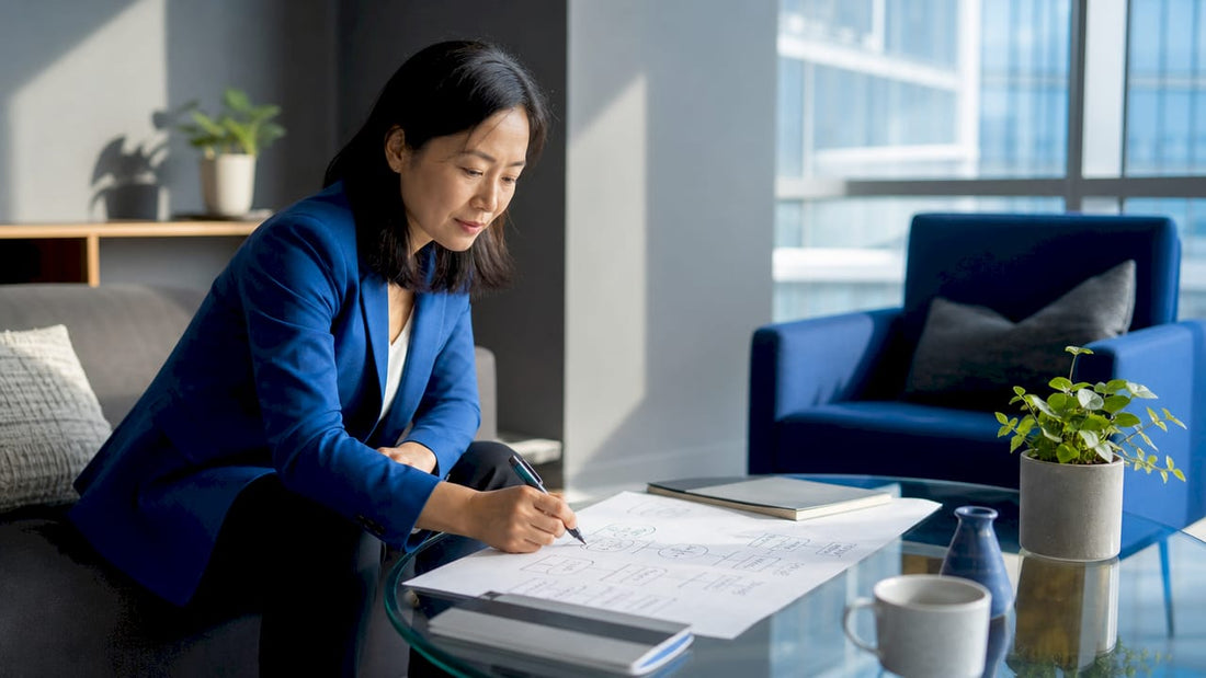 Marketing strategist sketching plan at table