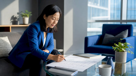 Marketing strategist sketching plan at table