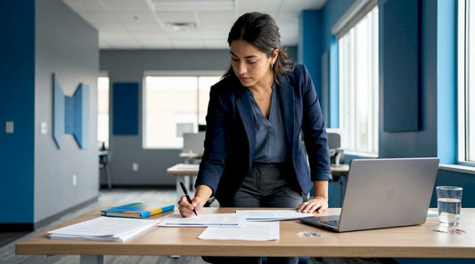 Woman planning launch marketing strategy at conference table