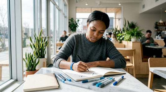 Entrepreneur sketching branding concepts at desk
