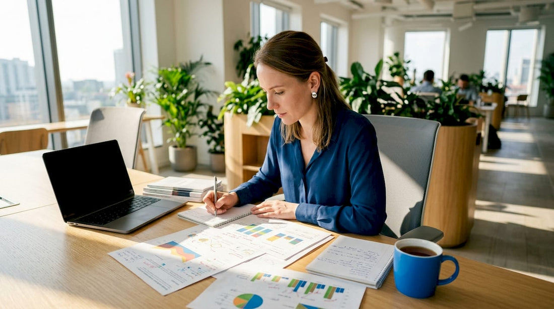Marketing analyst reviewing growth charts at desk