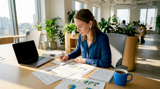 Marketing analyst reviewing growth charts at desk