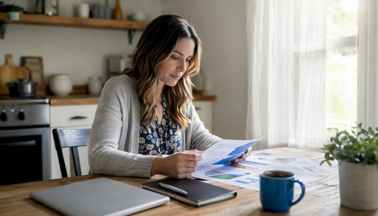 Marketing consultant reviewing printed growth strategies