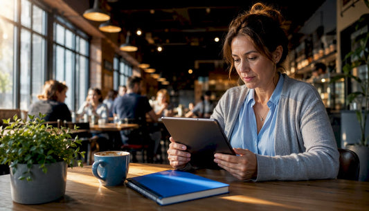 E-commerce owner reviewing sales data at desk