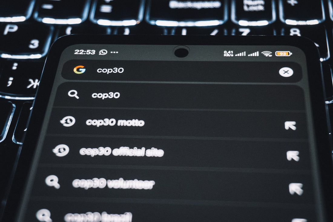 Smartphone displaying search results for cop30