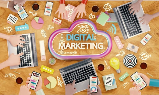 Hands, laptops, and marketing icons surround a 'digital marketing' cloud.