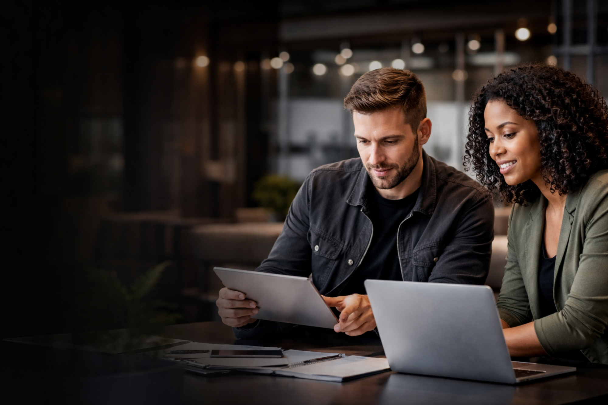 Two people working together on a laptop and tablet at a table.